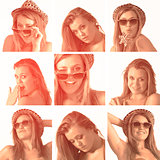 Collage of a woman with hat and sunglasses in sepia