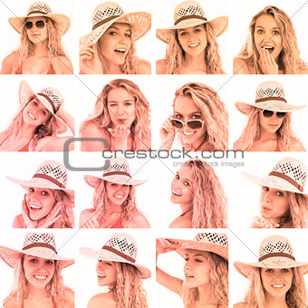 Collage of woman with straw hat and sunglasses