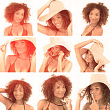 Collage of beautiful brunette woman with hat