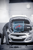 Man repairing car with open hood and futuristic interface