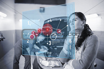 Doubtful customer looking at futuristic interface next to a mechanic