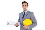 Architect holding plans and hard hat