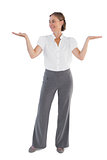 Businesswoman presenting something with her two hands raised