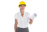 Female architect holding plans and hard hat