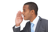 Profile view of a businessman calling for someone