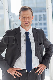 Smiling businessman with his hands on hips