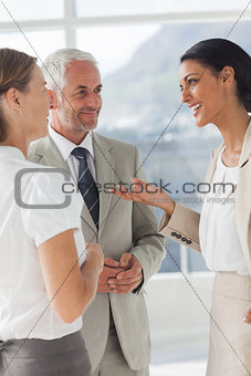 Smiling businesswoman telling something to her colleagues