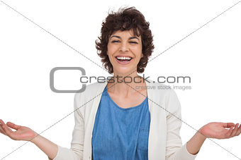 Surprised woman opening her arms