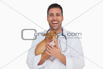 Laughing vet holding chihuahua