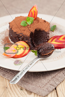 Raw vegan avocado chocolate mousse with nectarine