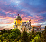 Fairy Palace against sunset sky /  Panorama of Palace in Sintra,