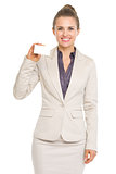 Happy business woman showing business card