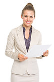 Portrait of smiling business woman with document