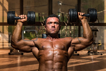 male bodybuilder doing shoulder press whit dumbbell