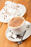 Fresh cappuccino with foam served with sugar cubes