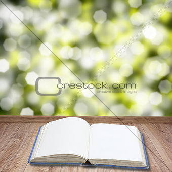 Open book on wooden planks