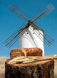 Different breads and windmill in the background