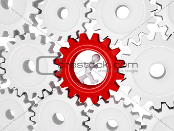 Worker running inside of one cogwheel out of many