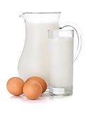 Milk jug, glass and eggs