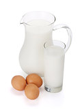 Milk bottle, glass and eggs