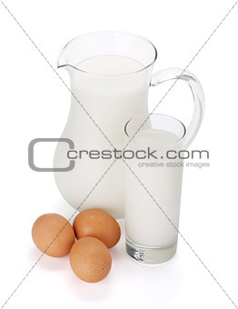 Milk bottle, glass and eggs