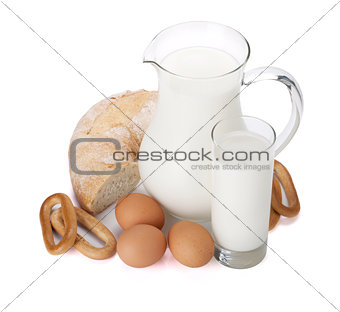Milk jug, glass, eggs and bread