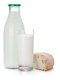Milk bottle, glass and bread
