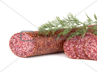Slices italian salami sausage with dill