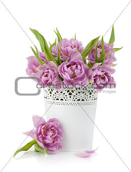 Pink tulips in metal flowerpot