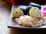 pink salt, candle and towel - spa concept