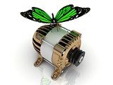 Green butterfly sitting on a gold generator