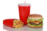 Cheeseburger meal with french fries and cola, isolated