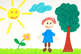 Kiddie style drawing of a flower, tree and child