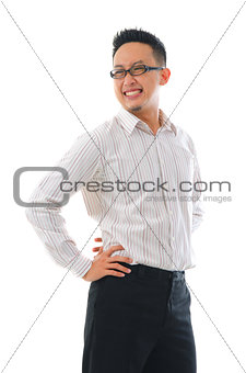 Asian business man suffering for a backache. Isolated on white