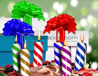 Birthday candles on a cake and gift boxes