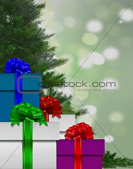 Stack of gift box by Christmas tree