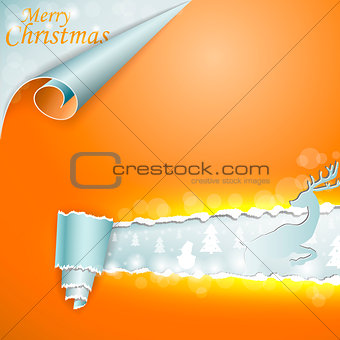 Merry Christmas card with rolled and torn page