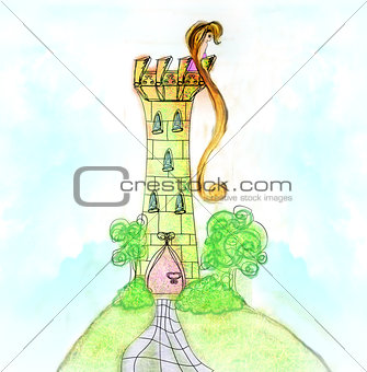 Illustration of princess in tower waiting for Prince 