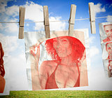Pictures of woman hung on a laundry line