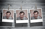 Three instant photos of an angry businessman