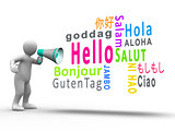 White figure revealing hello in different languages with a megaphone