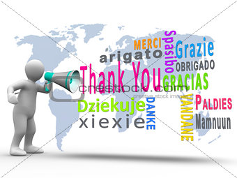 White figure revealing thank you in different languages with a megaphone