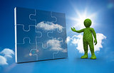 Green character presenting a jigsaw