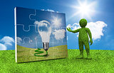 Green character presenting a jigsaw with light bulb inside