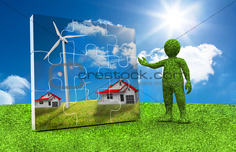 Green character presenting a jigsaw with houses and wind turbine inside