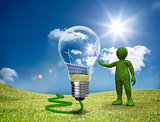 Green character showing a light bulb