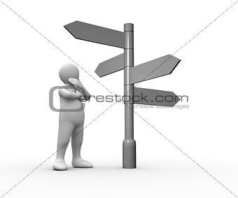Confused white human representation looking at blank roadsign