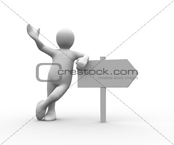 Human figure leaning over blank signpost