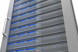 Row of tower servers with blue lights