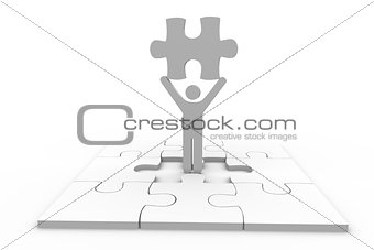 Human representation holding jigsaw piece over unfinished puzzle